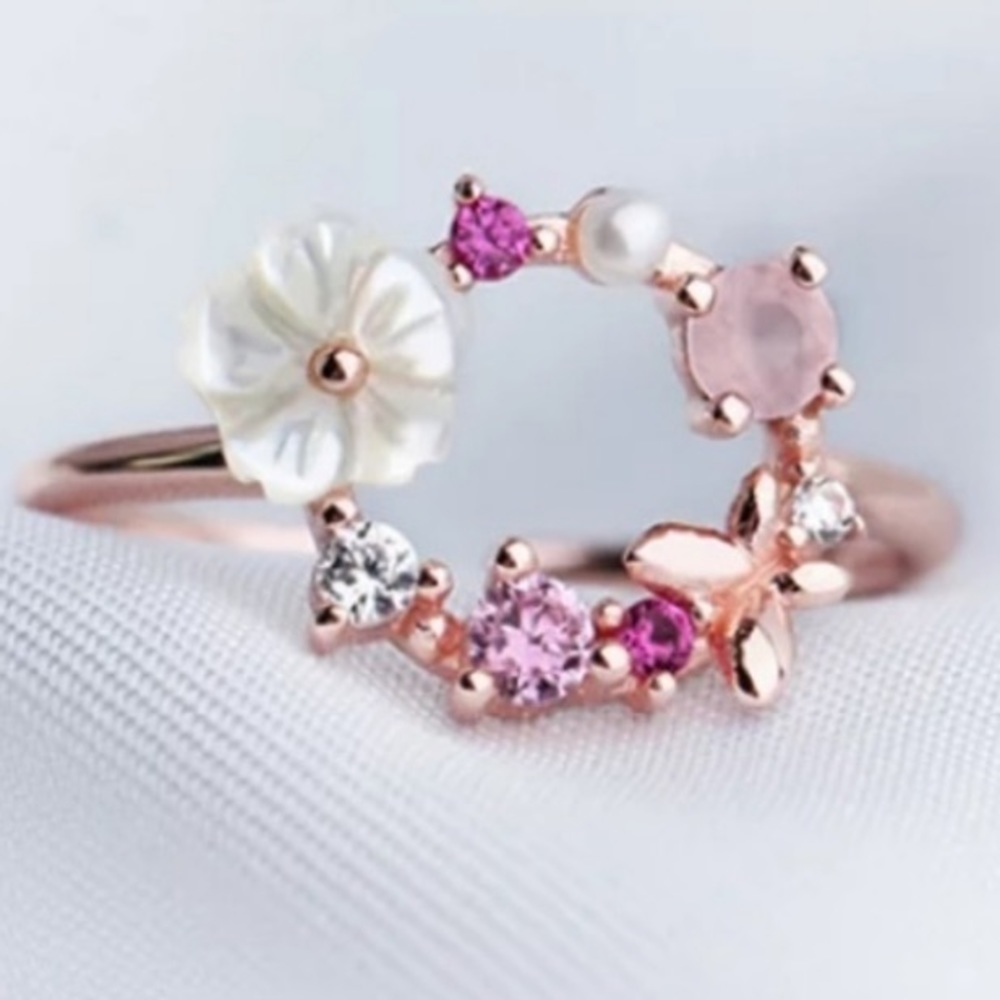 Rose Gold, Shells, Semiprecious Stones & Pearls Ring Size 7